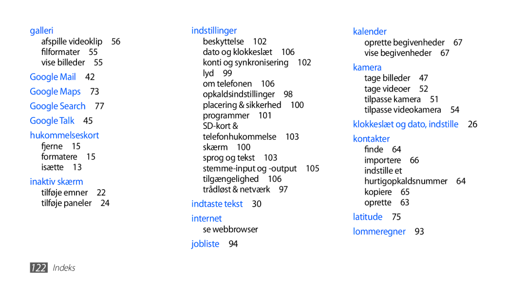 Samsung GT-S5830UWANEE, GT-S5830DKANEE manual Dato og klokkeslæt Konti og synkronisering Lyd , 100, SD-kort, 103, Oprette  